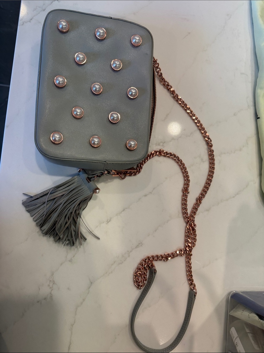 Gray Pearl-Stud Crossbody Bag with Tassel